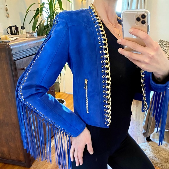 ❌SOLD❌ Balmain blue suede fringe cropped jacket - Picture 3 of 6